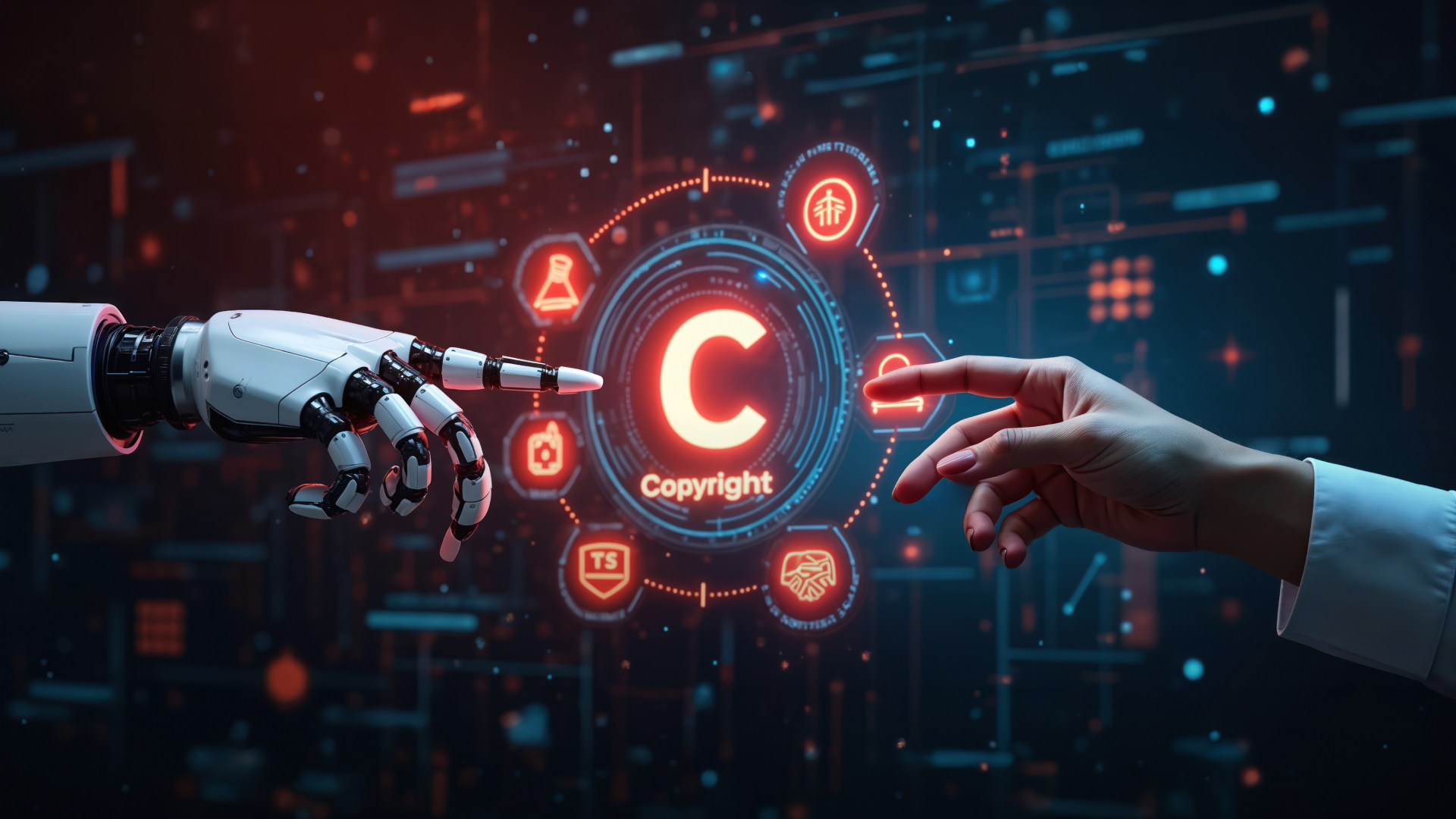 Poster for a conference on intellectual property, collective management and artificial intelligence in Athens organized by the University of Nicosia and the Hellenic Copyright Organization.