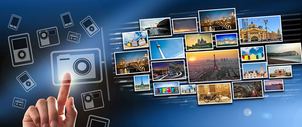 graphic of photographs with a hand pointing at a camera.